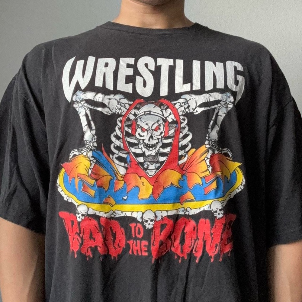 Vintage 1990s Bad to the Bones Black Wrestling Graphics Single Stitched T-Shirt
